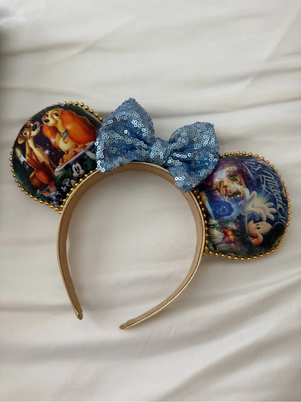 Disney Rose Gold Crossbody Water Bottle Bag with Blue Strap & Matching Ears